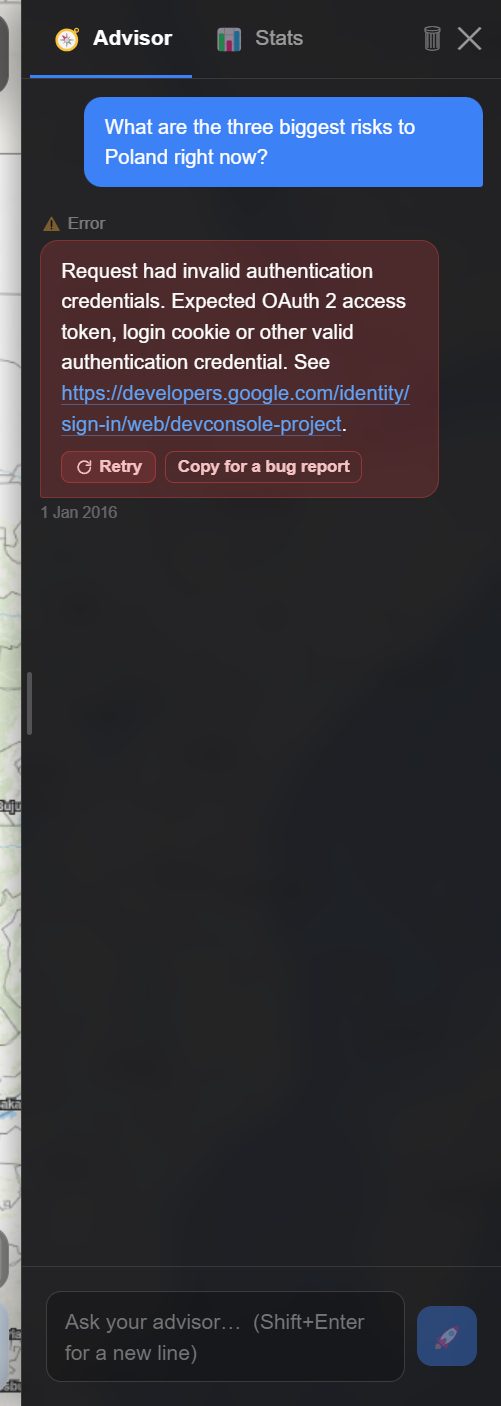 An advisor request that failed, with Retry